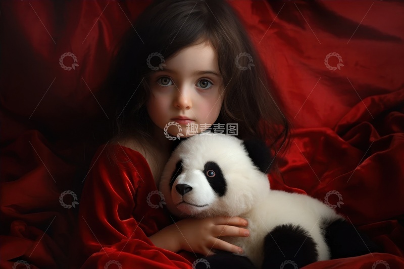 高清大图下载【趣麦麦图】可爱的女孩抱着熊猫玩具