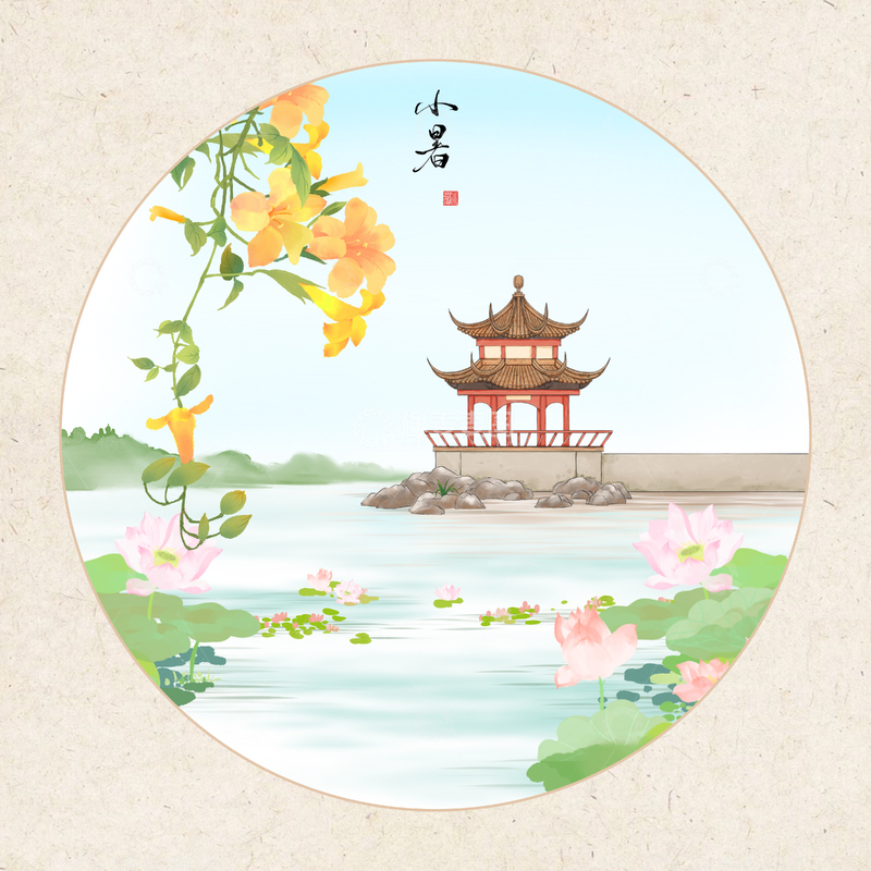 源文件下载【趣麦麦图】-古风小暑亭荷塘水墨画