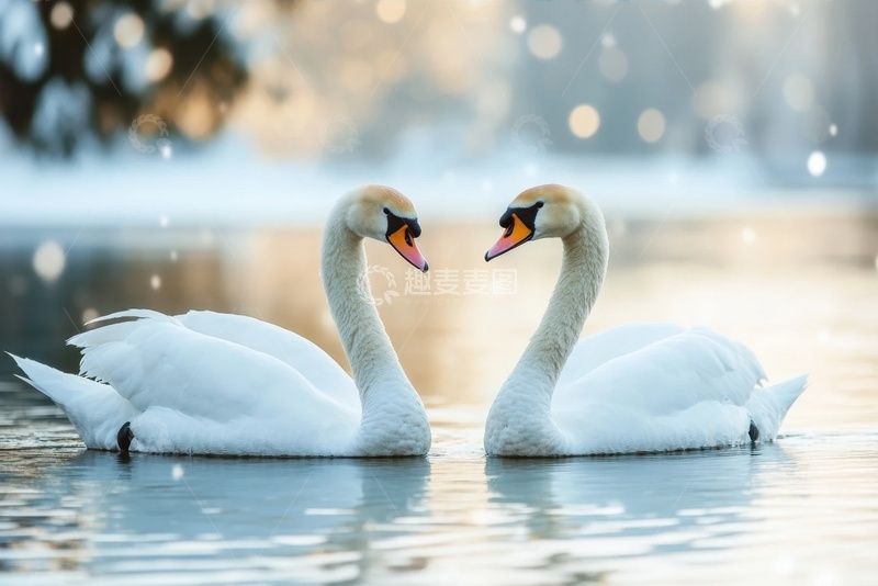 高清大图下载【趣麦麦图】冰湖里两只游水的白天鹅