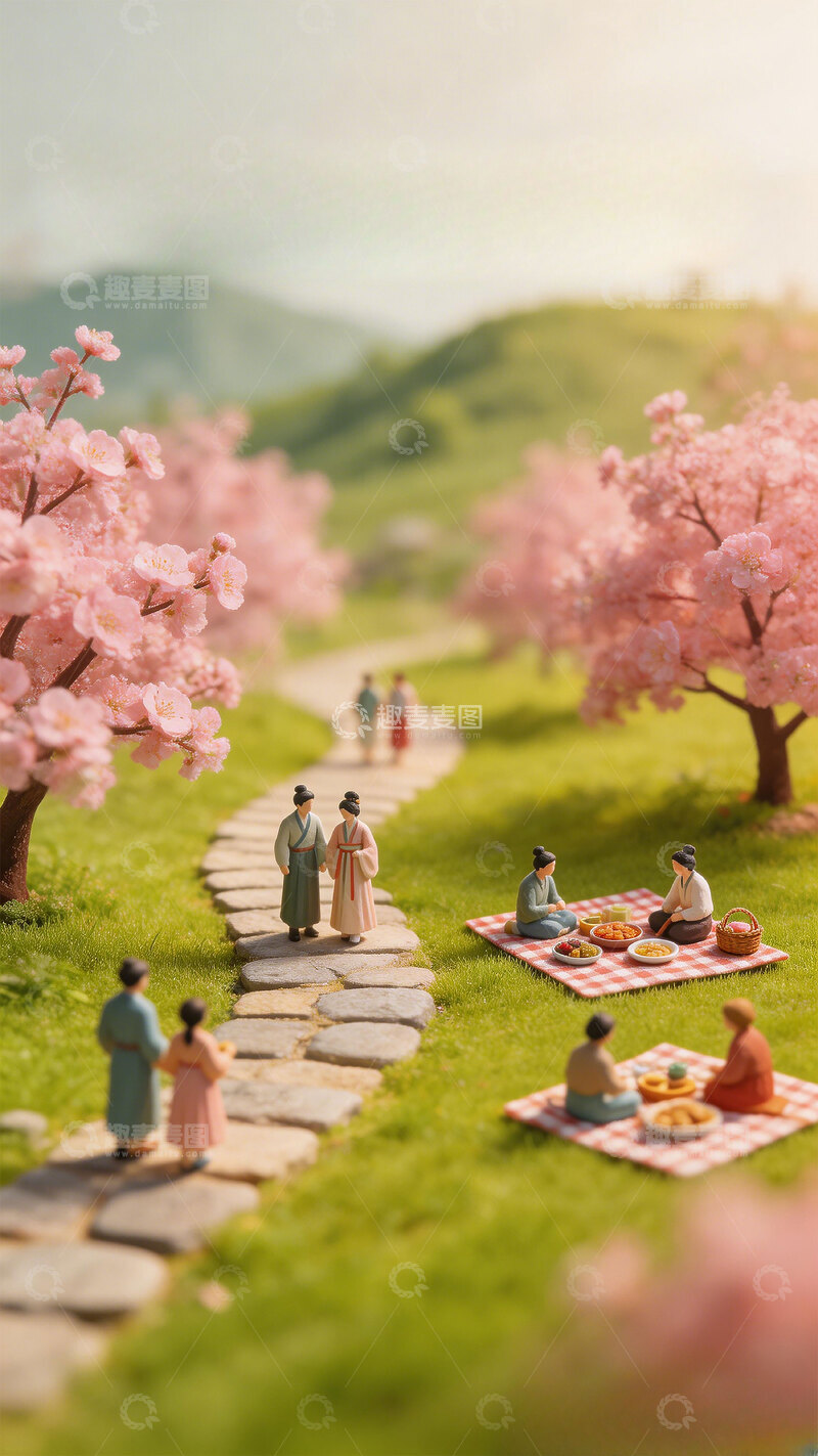 高清大图下载【趣麦麦图】微缩春日桃花郊游背景