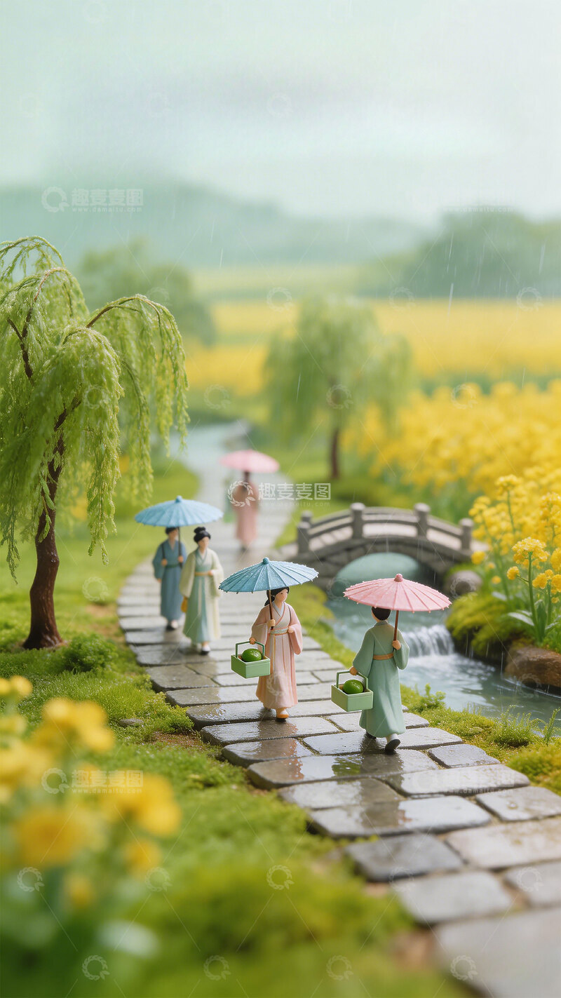 高清大图下载【趣麦麦图】微缩乡间小路下雨背景