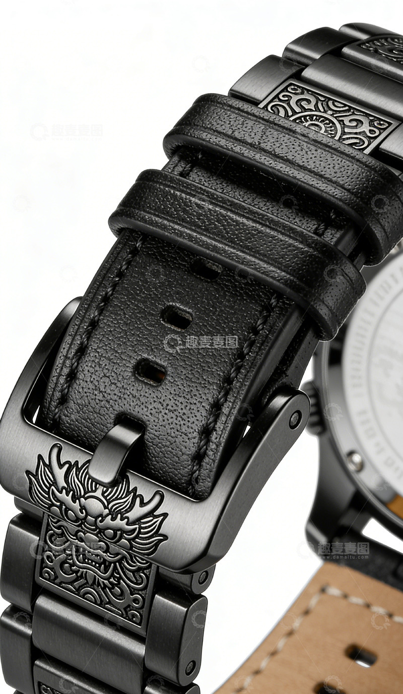 高清大图下载【趣麦麦图】文创产品黑色皮质手表特写