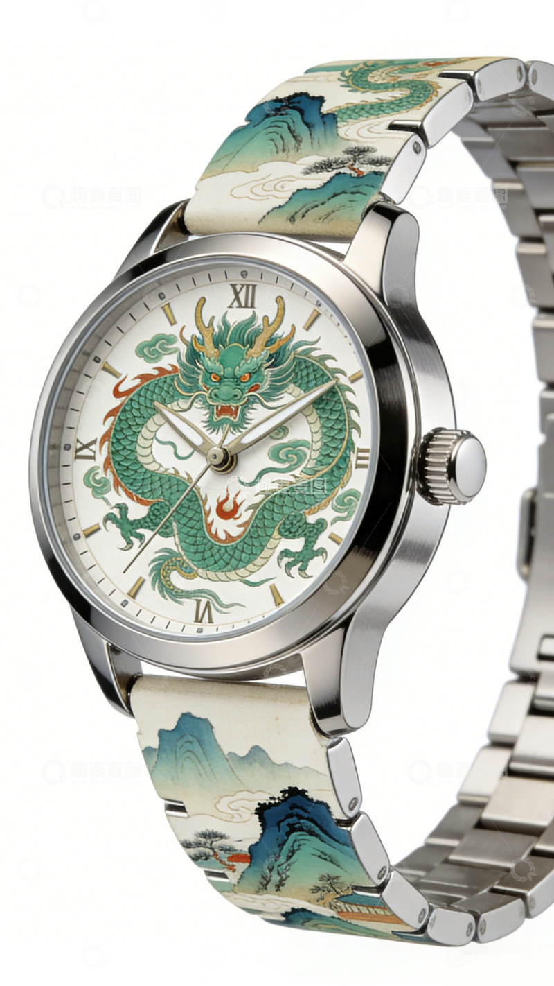 高清大图下载【趣麦麦图】不锈钢表盘中国龙图案手表