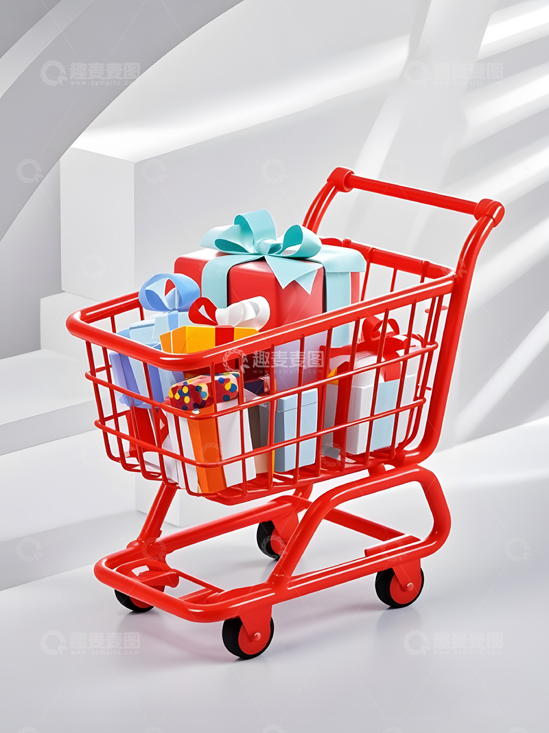 高清大图下载【趣麦麦图】红色购物车礼品盒设计图