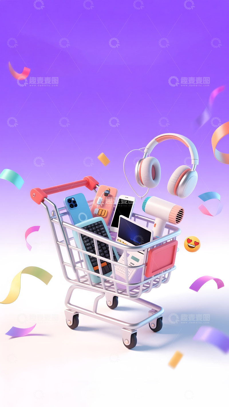 高清大图下载【趣麦麦图】购物车电子产品促销插画