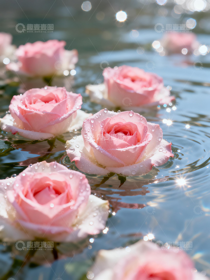 高清大图下载【趣麦麦图】粉色玫瑰漂浮水面3