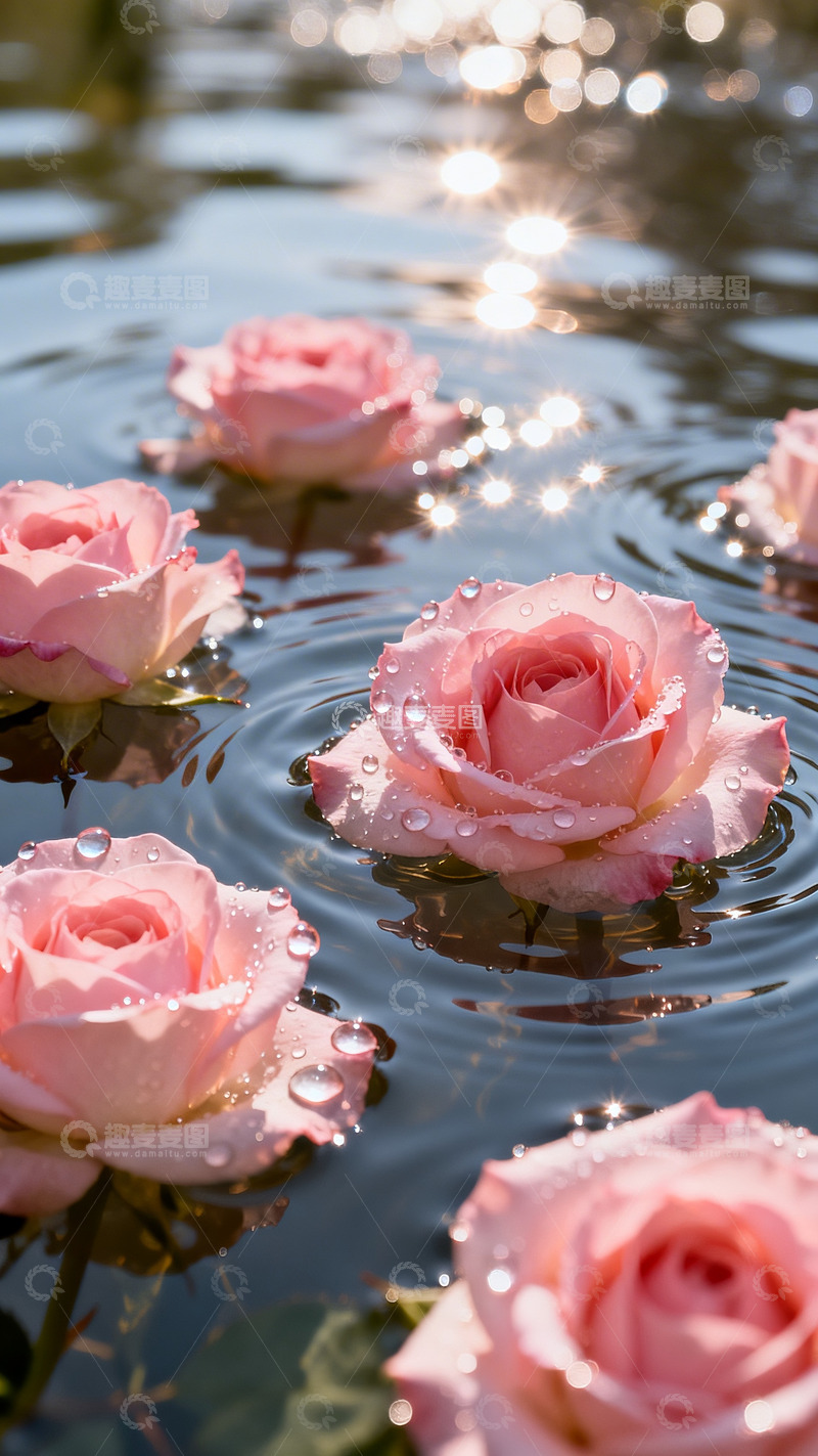 高清大图下载【趣麦麦图】粉色玫瑰漂浮水面6
