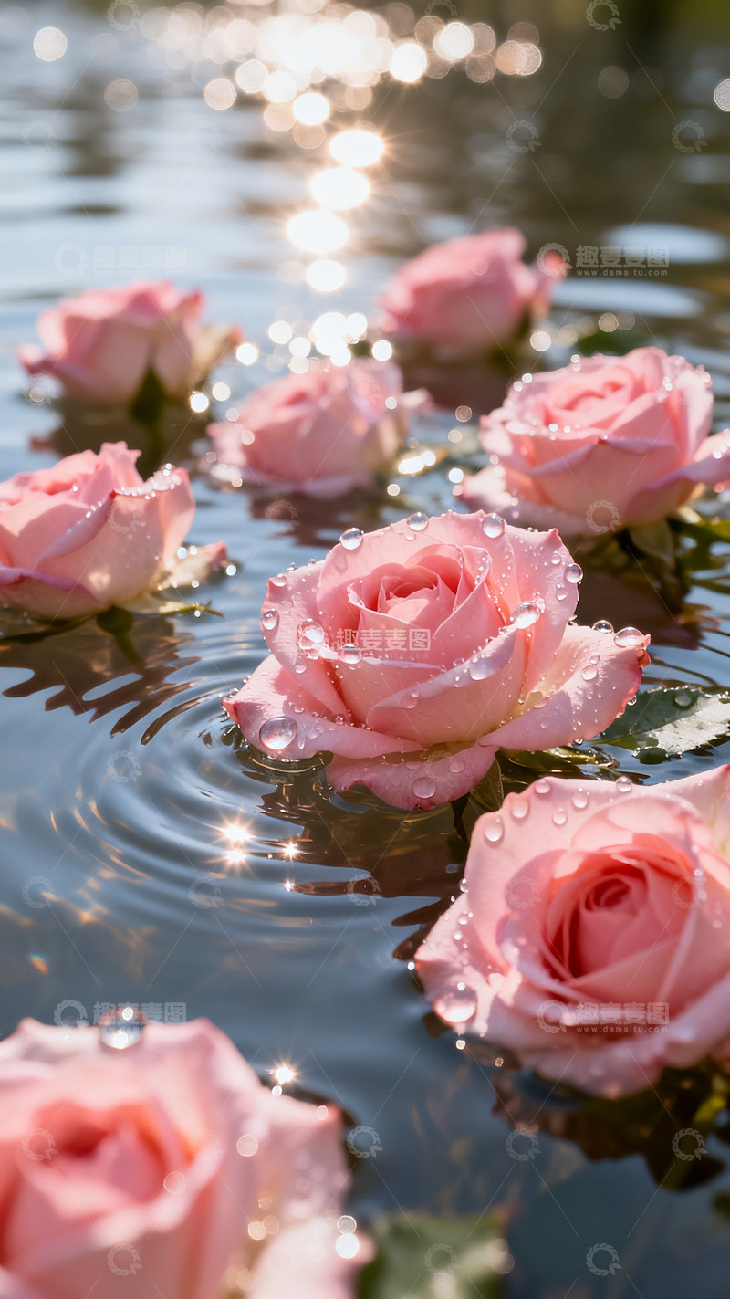 高清大图下载【趣麦麦图】粉色玫瑰漂浮水面