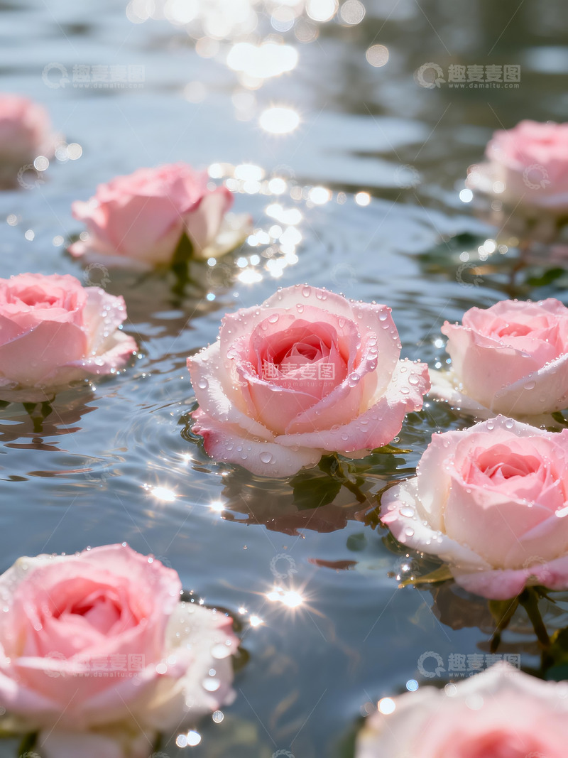 高清大图下载【趣麦麦图】粉色玫瑰漂浮水面2