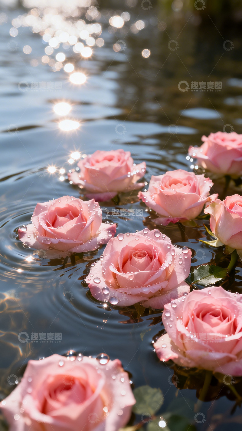 高清大图下载【趣麦麦图】粉色玫瑰漂浮水面5