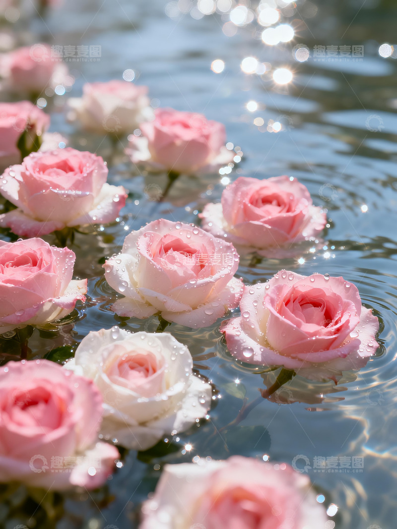 高清大图下载【趣麦麦图】粉色玫瑰漂浮水面4