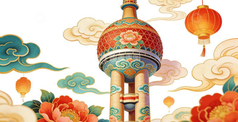 高清大图下载【趣麦麦图】东方明珠建筑彩绘风格图案