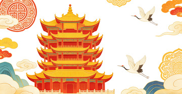 中国风黄鹤楼仙鹤图案插画