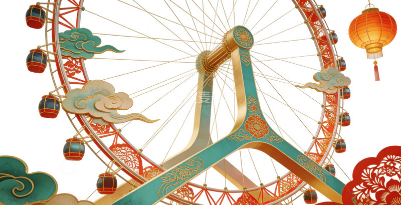 高清大图下载【趣麦麦图】中国风摩天轮节日装饰插画