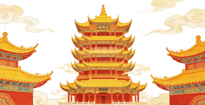 高清大图下载【趣麦麦图】中国风黄鹤楼古建筑插画黄鹤楼