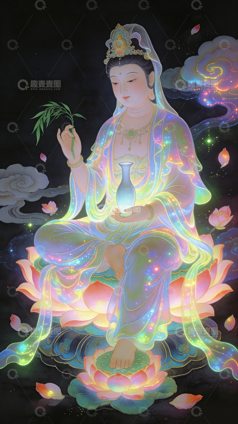 高清大图下载【趣麦麦图】彩绘观音菩萨莲花座像装饰画