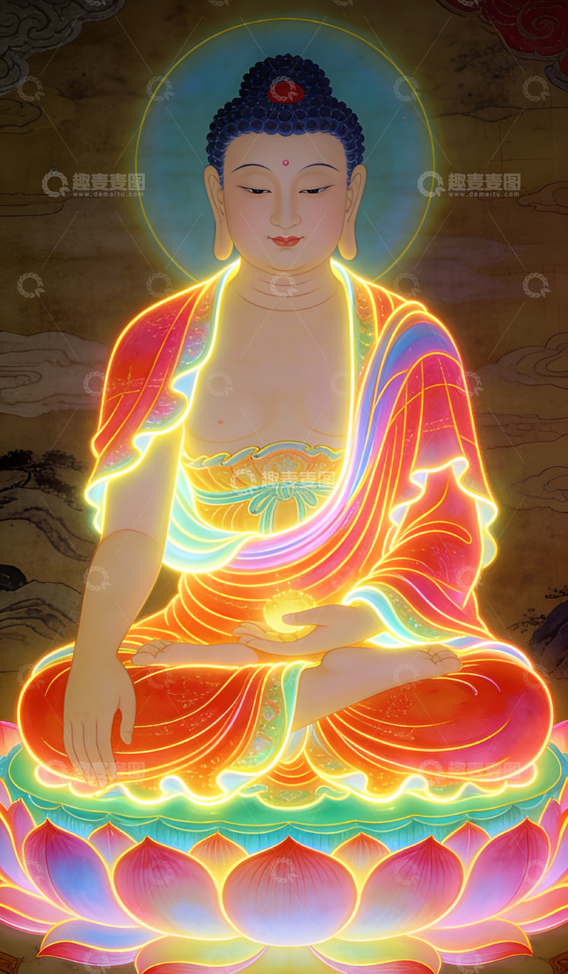 高清大图下载【趣麦麦图】佛光普照释迦牟尼佛像艺术插画装饰画