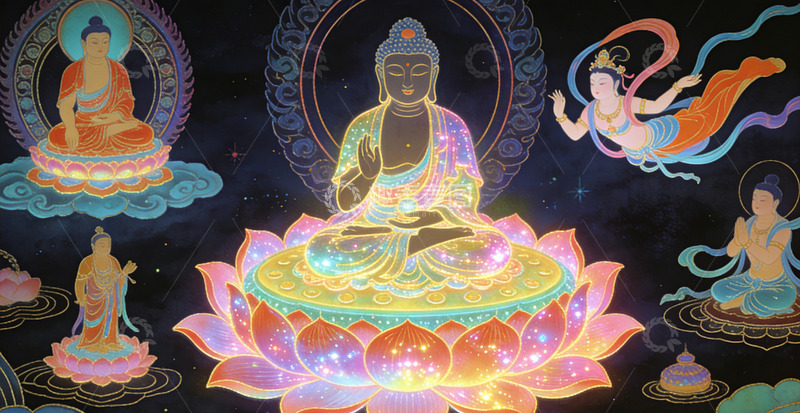 高清大图下载【趣麦麦图】佛教艺术莲花坐佛插画装饰画