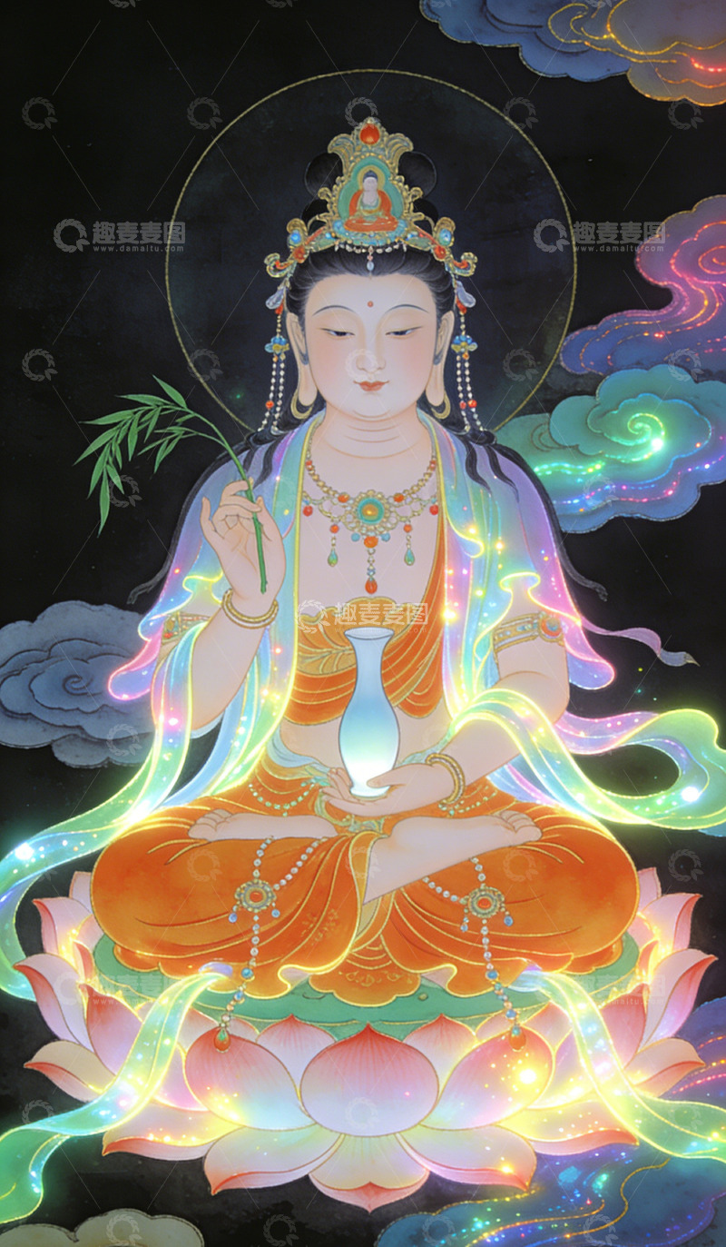 高清大图下载【趣麦麦图】佛光普照莲花观音装饰画