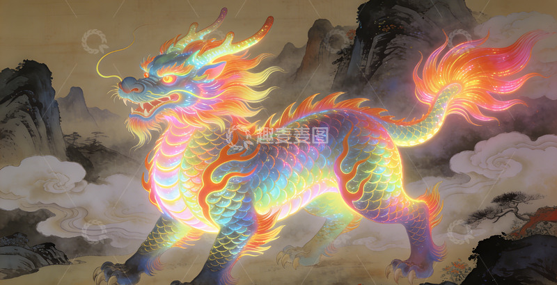 高清大图下载【趣麦麦图】彩虹神龙麒麟古风幻想艺术插画装饰画