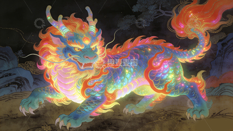 高清大图下载【趣麦麦图】梦幻彩色神兽插画装饰画