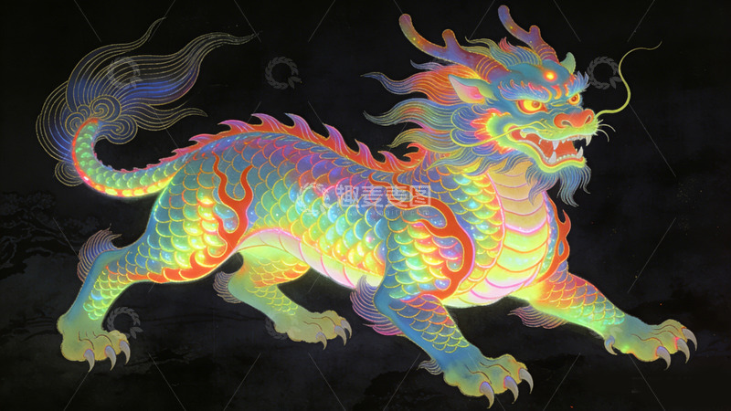 高清大图下载【趣麦麦图】炫彩麒麟东方神兽艺术插画装饰画