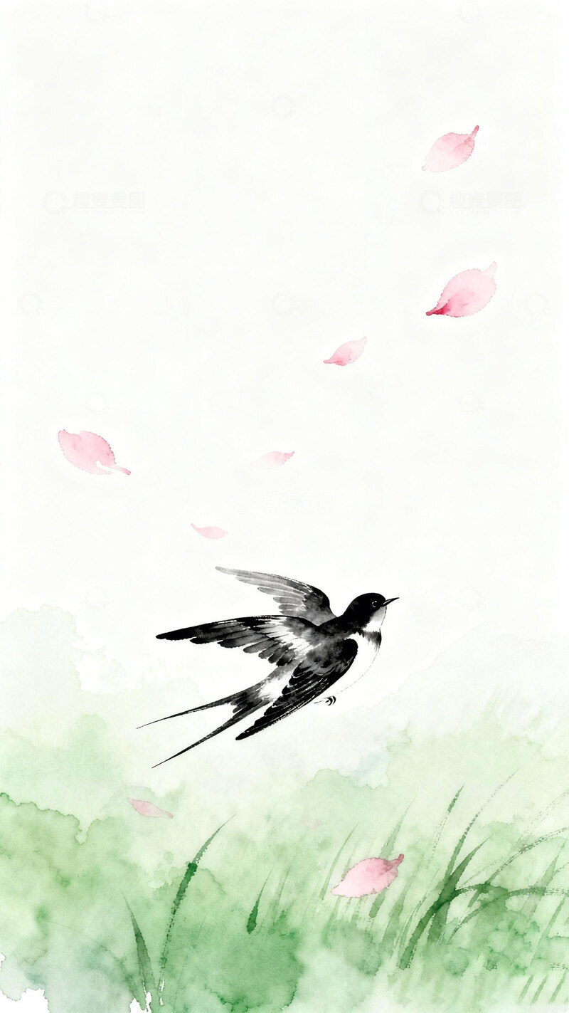 高清大图下载【趣麦麦图】春燕衔花 水墨写意春景