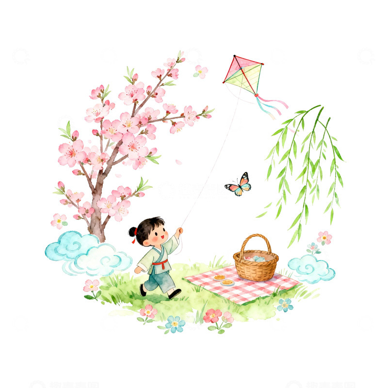 高清大图下载【趣麦麦图】春日郊游水彩画