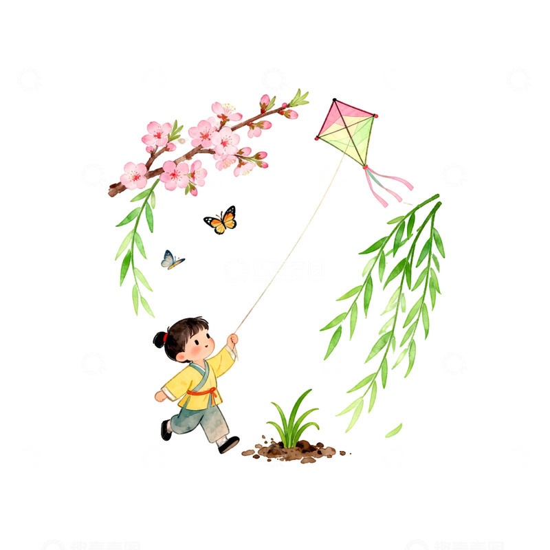 高清大图下载【趣麦麦图】春季放风筝插画设计素材
