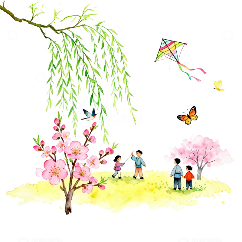 高清大图下载【趣麦麦图】水彩春日亲子踏青插画