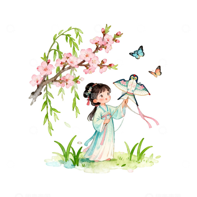 高清大图下载【趣麦麦图】古风少女春日放风筝插画