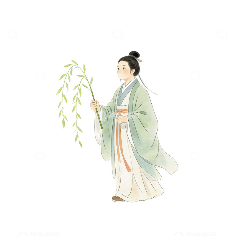 高清大图下载【趣麦麦图】-古风人物柳枝插画