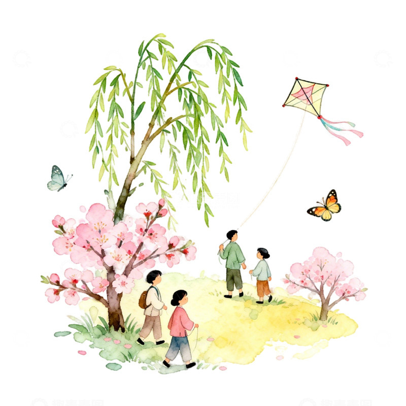 高清大图下载【趣麦麦图】春季踏青放风筝插画