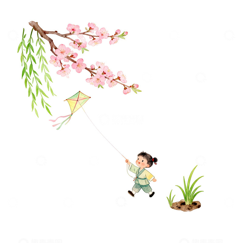 高清大图下载【趣麦麦图】卡通春天放风筝插画