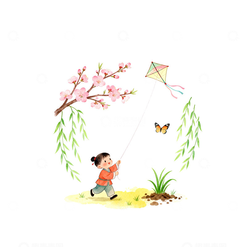 高清大图下载【趣麦麦图】卡通春游放风筝插画