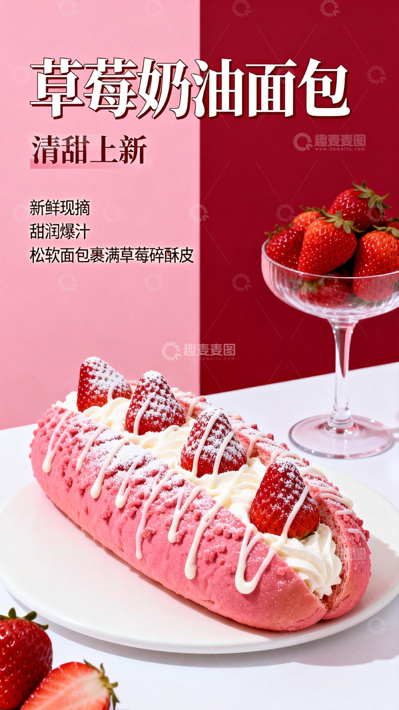 高清大图下载【趣麦麦图】草莓奶油面包新品海报