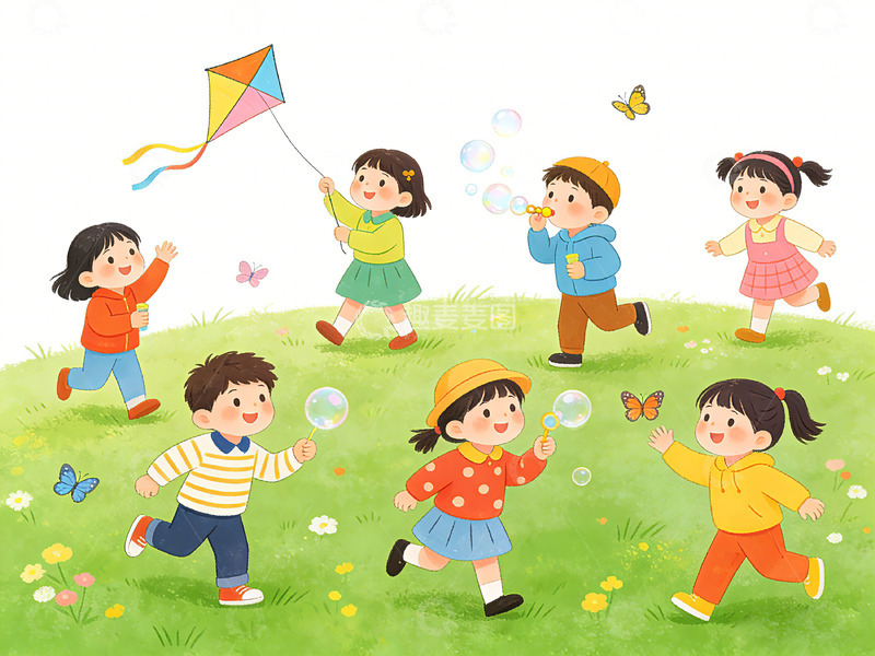 高清大图下载【趣麦麦图】欢乐儿童户外玩耍插画
