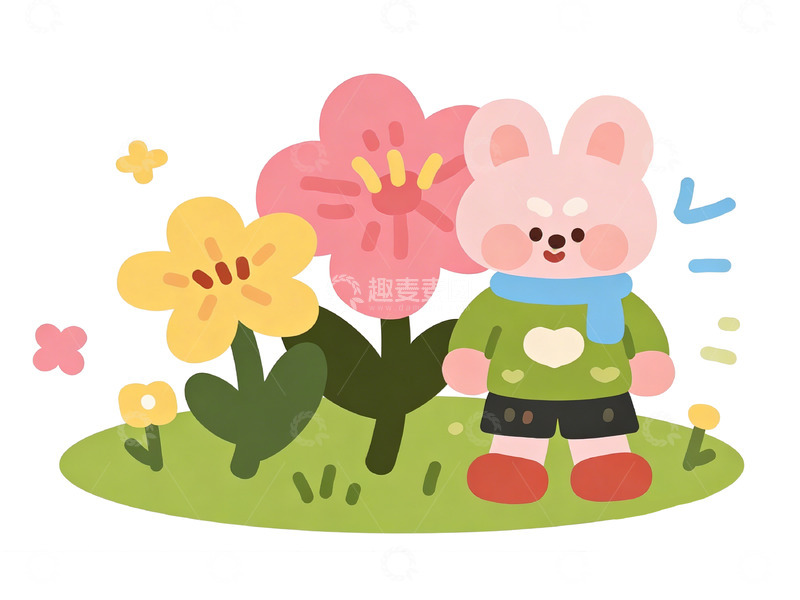 高清大图下载【趣麦麦图】卡通兔花园美景插画