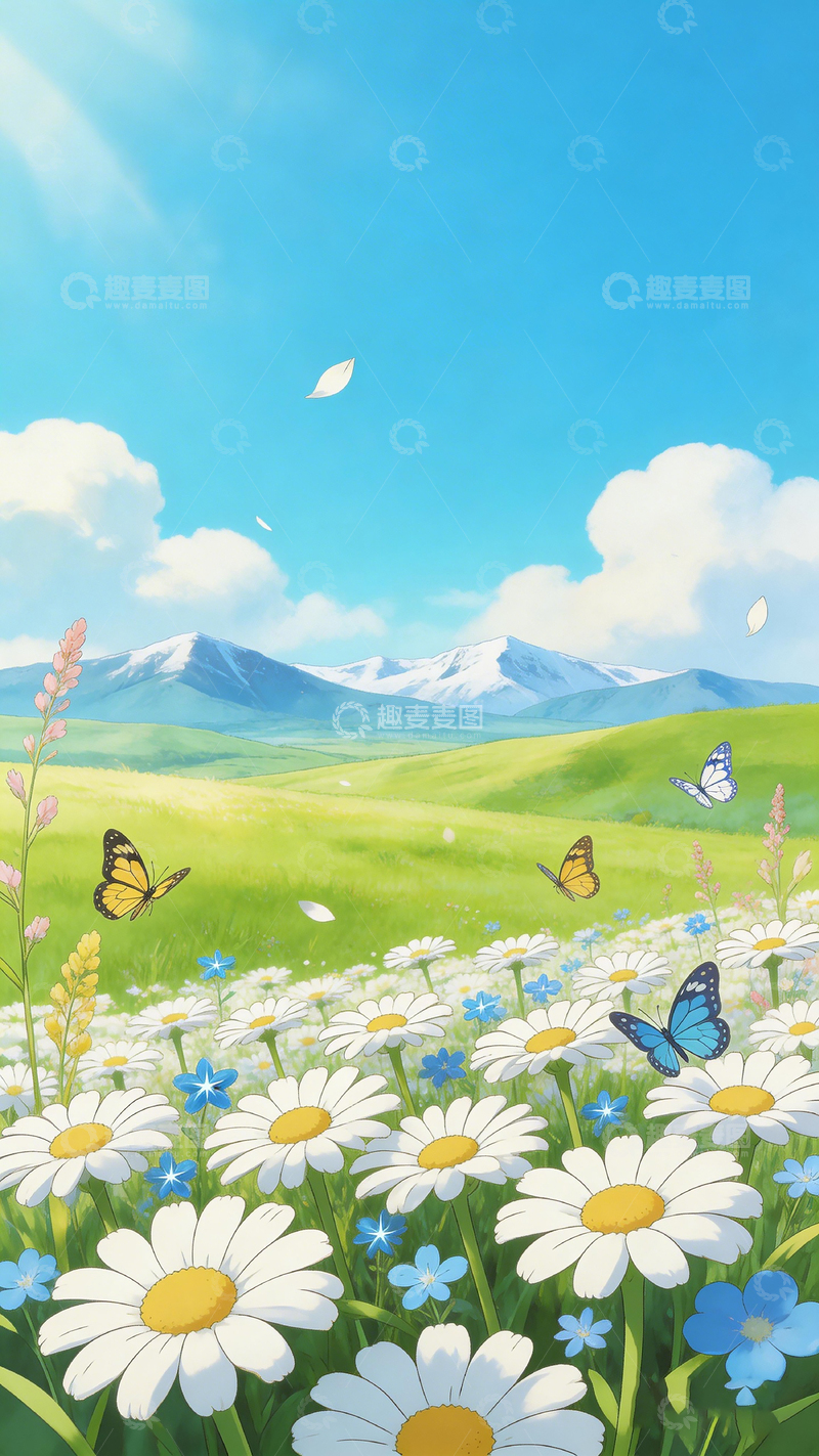 高清大图下载【趣麦麦图】春日花园蝴蝶飞舞插画