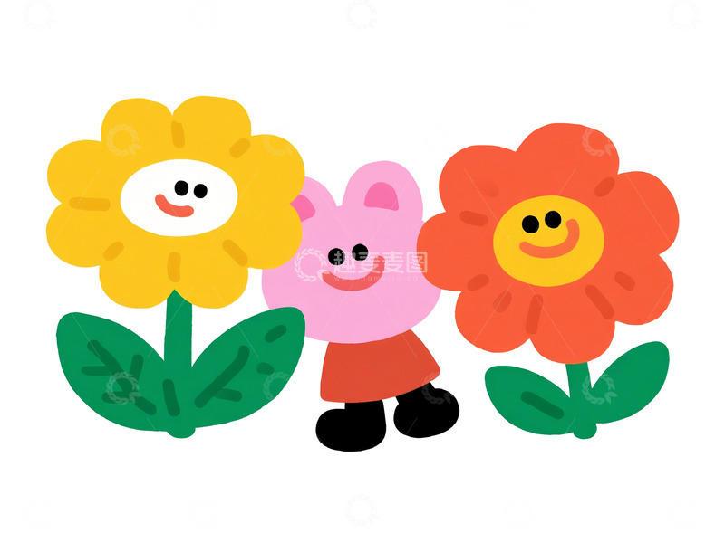 高清大图下载【趣麦麦图】卡通风花朵小猪插画