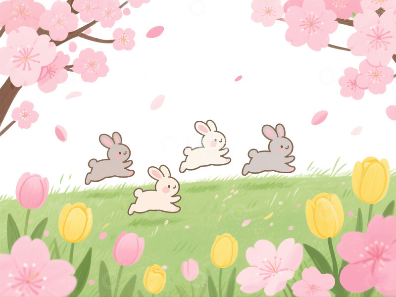 高清大图下载【趣麦麦图】春日樱花兔趣插画