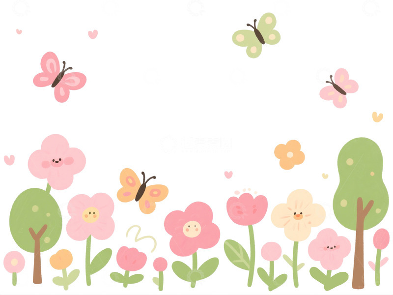 高清大图下载【趣麦麦图】卡通风格春天花卉蝴蝶背景
