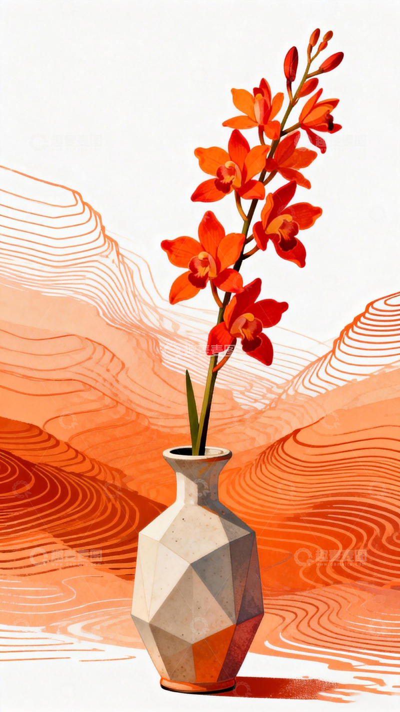 高清大图下载【趣麦麦图】抽象花瓶兰花艺术插画