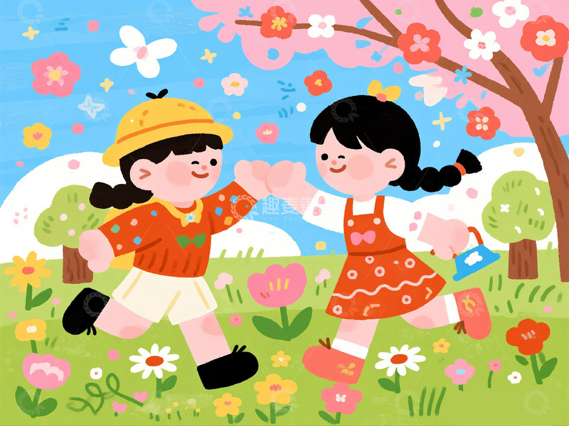 高清大图下载【趣麦麦图】童趣春日插画花园玩耍
