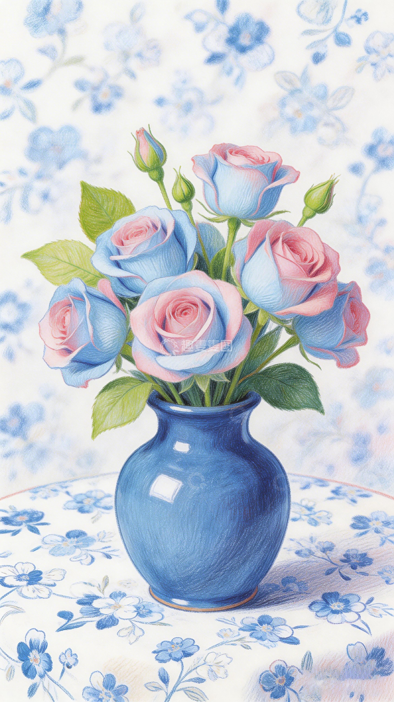 高清大图下载【趣麦麦图】蓝色花瓶粉玫瑰插画