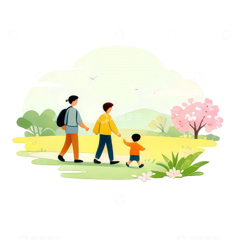高清大图下载【趣麦麦图】卡通亲子春游插画