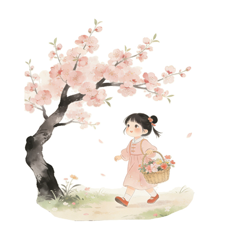 卡通樱花小女孩插画素材