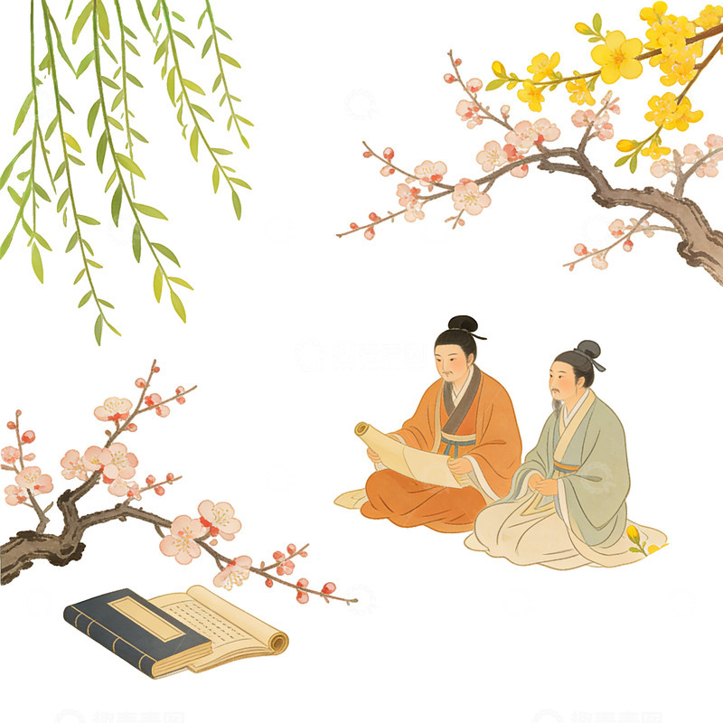 高清大图下载【趣麦麦图】古风读书图樱花树枝插画