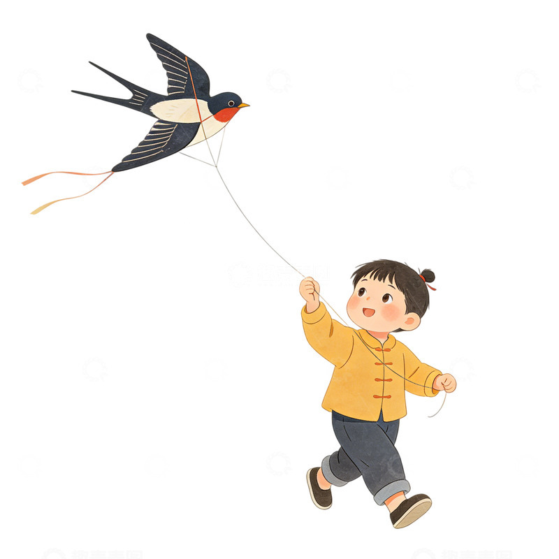 高清大图下载【趣麦麦图】春分时节放风筝儿童插画