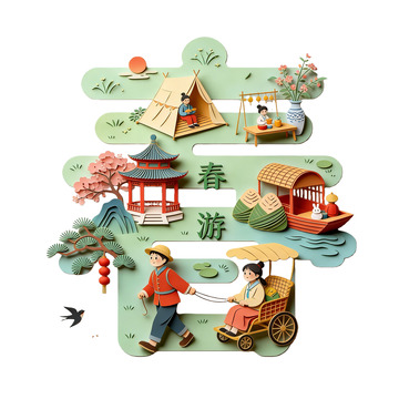 剪纸风春游踏青场景装饰设计